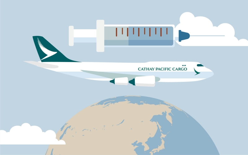 An illustration showing a Cathay Pacific Cargo 747-8F plane carrying a vaccine syringe