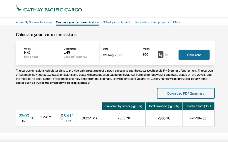 Screengrab of the carbon emission calculator tool on Cathay Pacific Cargo website in English