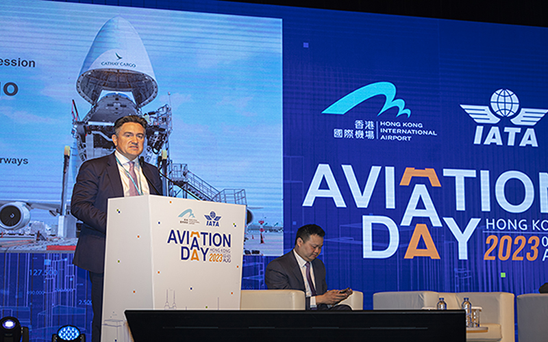 Cathay Pacific Director Cargo Tom Owen addresses the audience at the Hong Kong Aviation Day event co-hosted by IATA